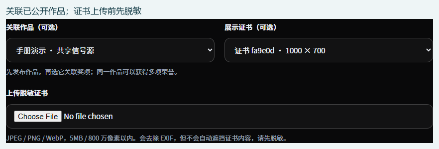 填写荣誉与关联作品