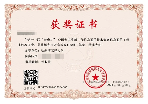 大唐杯全国大学生新一代信息通信技术大赛 省二等奖 证书
