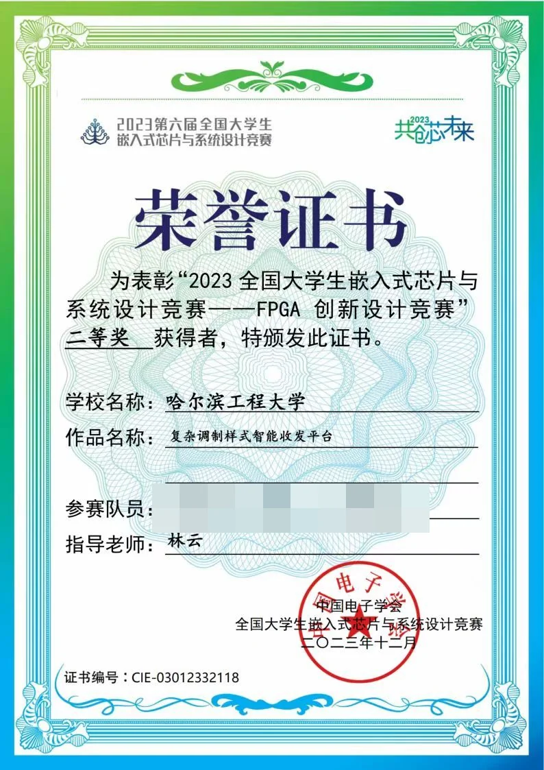 全国大学生嵌入式芯片与系统设计竞赛 全国二等奖 证书