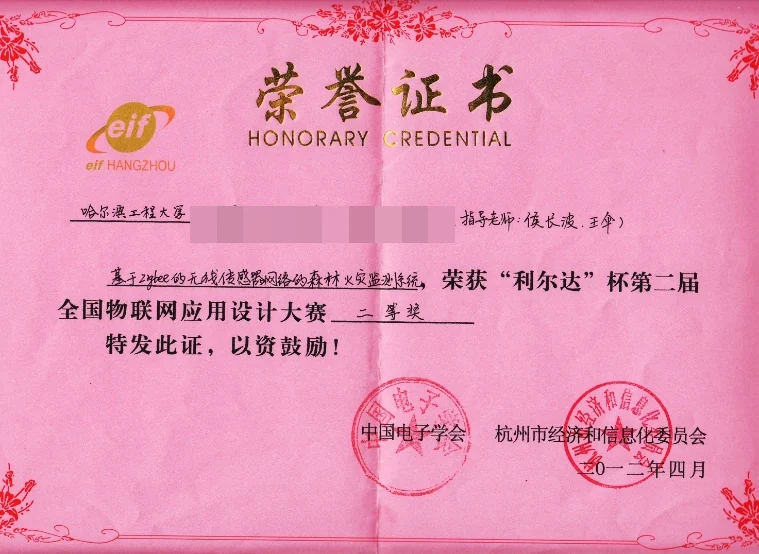 「利尔达」杯全国物联网应用设计大赛 全国二等奖 证书