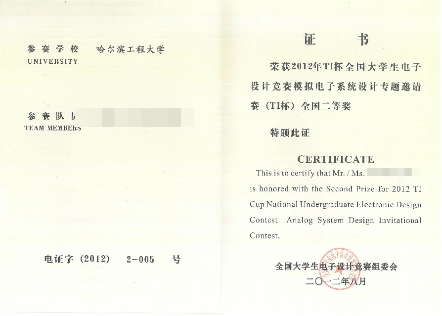 全国大学生电子设计竞赛 全国二等奖 证书