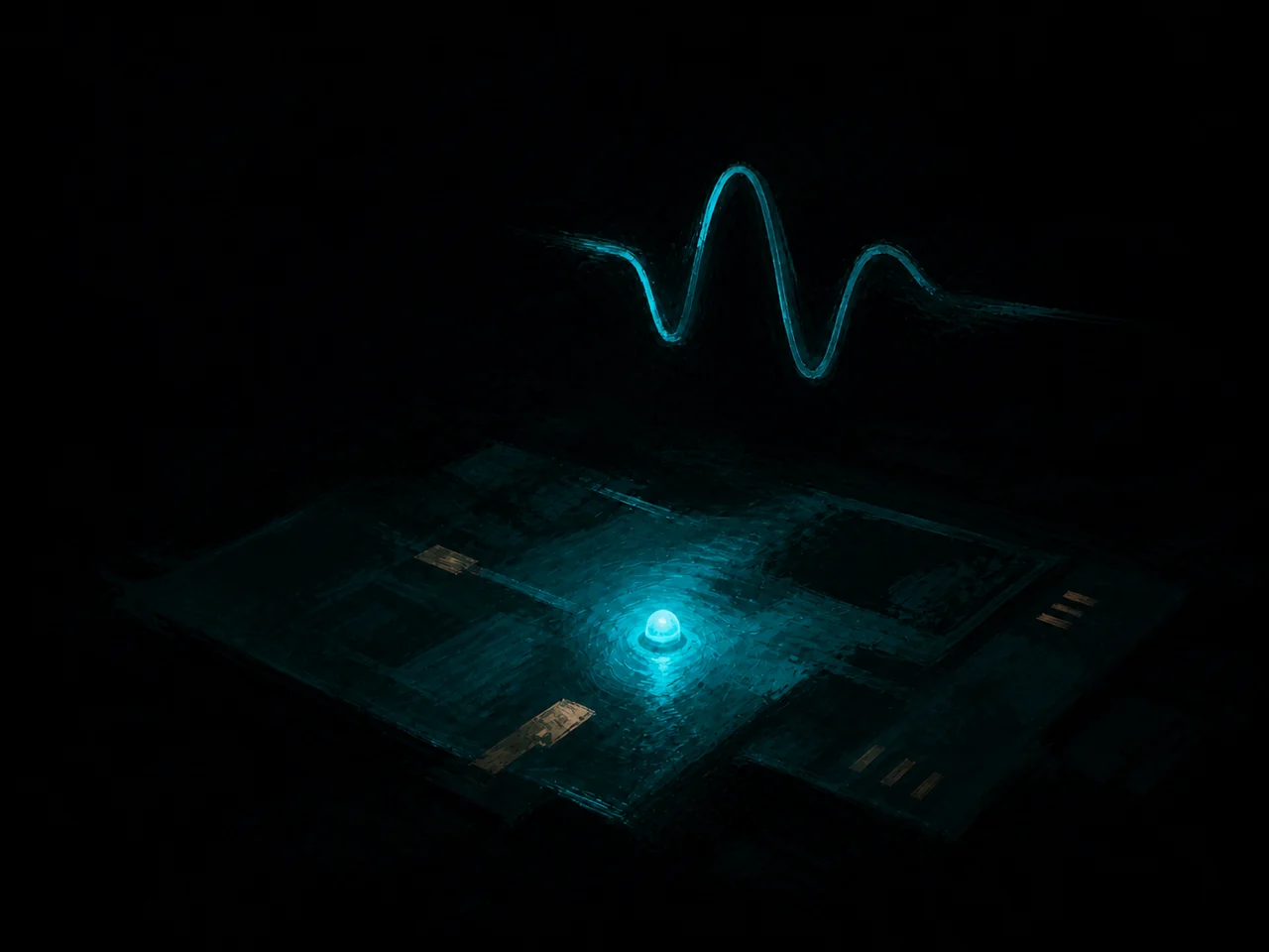 插画：电路板上一颗指示灯亮起，上方浮着一段波形曲线